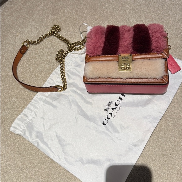 Coach real fur hutch bag patchwork shearling Hutton woman purse pink - Picture 2 of 8